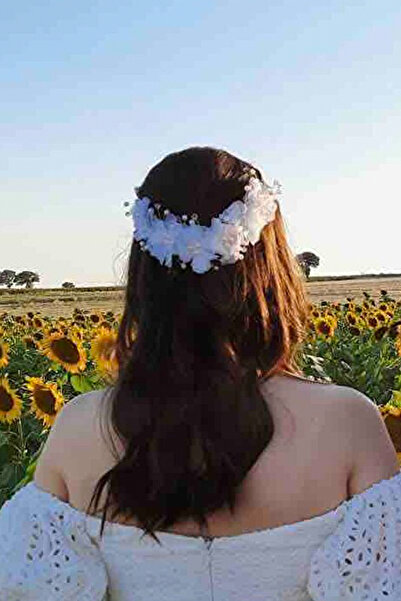 Limelia Beyaz Şifon Çiçek Detaylı İnci Gelin Tacı