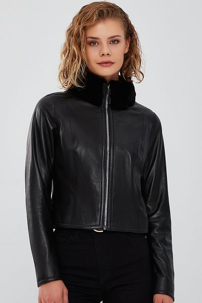 Derimod Ida Women's Black Double-Sided Shearling Short Leather Jacket 23Wgd5104Fm