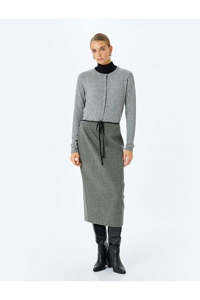 Koton X Melis Ağazat - Buttoned Long Sleeve Crew Neck Stone Knitwear Cardigan
