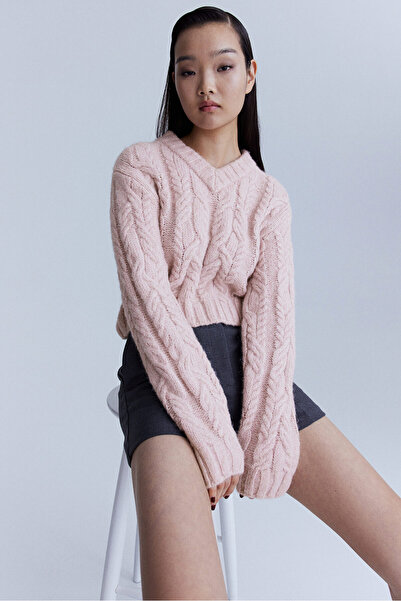 H&M V Yakalı Saç Örgüsü Kazak