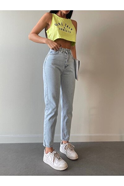 ByCukurovaFrango Blugi Mom din Lycra cu talie înaltă Dora Snow Wash din anii 90 Leo