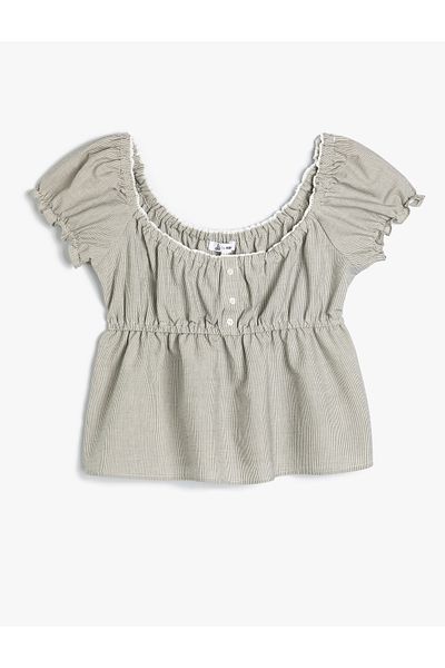 Koton Popeline-Bluse mit Ballonärmeln, kurze Ärmel, Rundhalsausschnitt, geknöpft, Baumwolle, Slim Fit