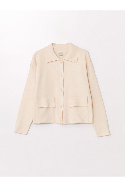 LC Waikiki Beige Polo Collar Girl's Knitwear Cardigan