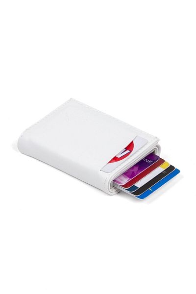 Newish Women's White Vegan Leather Mechanism Wallet Automatic Cash Money Compartment Slide Card Holder Wallet