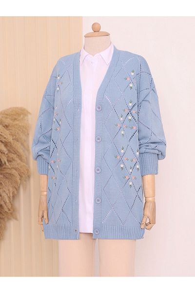 Modamorfo Durchbrochener, mit Blumen bestickter Strick-Cardigan mit Knöpfen