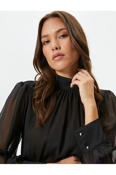 Koton Midi-Tüllkleid mit langen Ballonärmeln, transparentem Schalkragen und detaillierter Drapierung