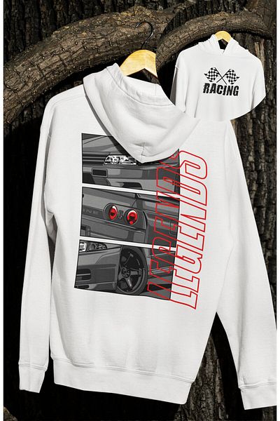 Fuddy Moda Unisex Oversize Hooded Sweatshirt - Nis San Skyline Legends, Racing Car Themed, Back Printed Hoodie