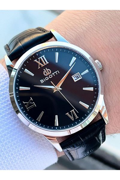 Bigotti Special Design Men's Wristwatch with Steel Case Leather Cord Card Holder and Pen Gift Ebg.10614.2
