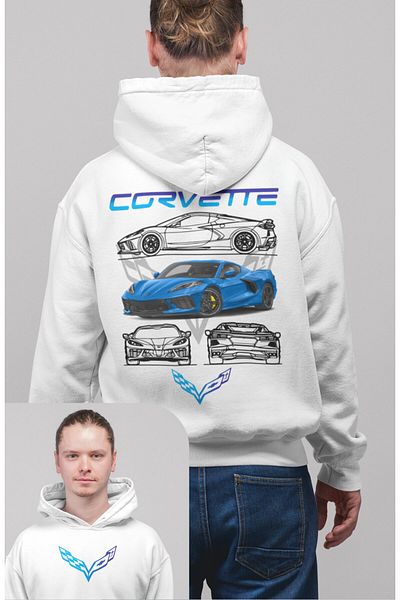 Fuddy Moda Corveette Print Oversize Hooded Sweatshirt - Unisex Racing Car Themed Hoodie