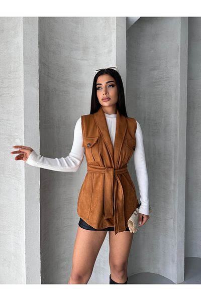 blue ashley Suede Belted Vest with Chest Pockets