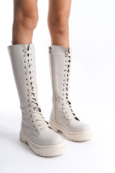 Limeo Γυναικείες μπότες με χαμηλό τακούνι με φερμουάρ κάτω από το γόνατο, απλές κρεμ μπότες με κορδόνια