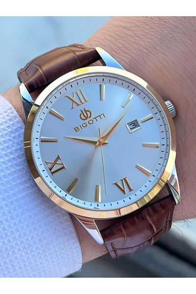 Bigotti Men's Watch Ebg.10614.4 - Steel Case, Leather Band, Card Holder and Pen Gift