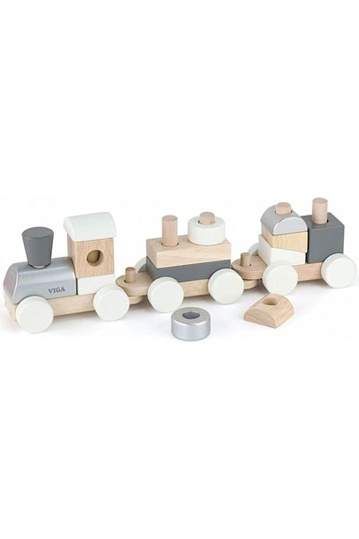 Viga Wooden Stacking Train - Silver and White for Kids Ages 18+ Years