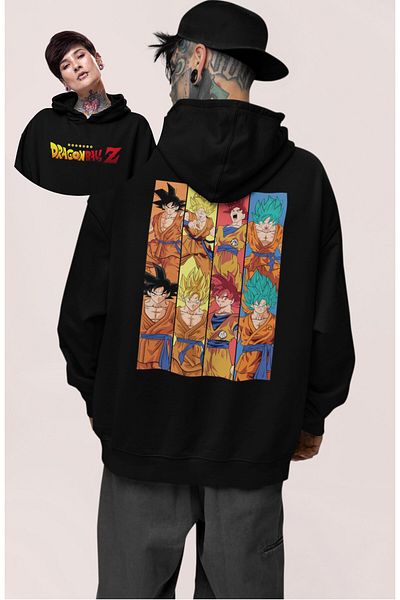 Fuddy Moda Hanorac cu glugă cu imprimeu pe spate cu personaje Dragon Ball Z supradimensionat, hanorac unisex cu imprimeu anime
