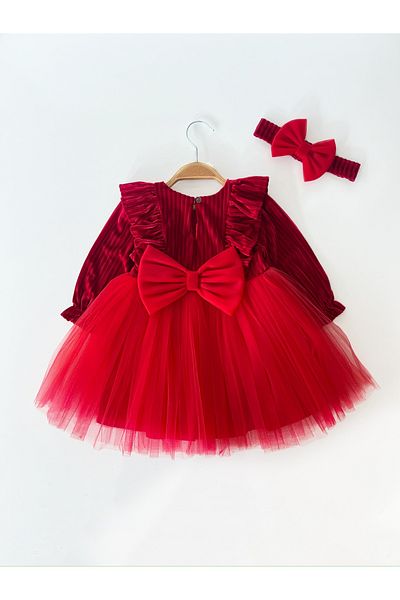 COLORED BABY Girl's Bow Detailed Cotton Lined Red Dress and Headband Set of 2