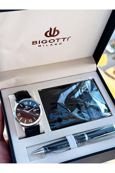 Bigotti Special Design Men's Wristwatch with Steel Case Leather Cord Card Holder and Pen Gift Ebg.10614.2