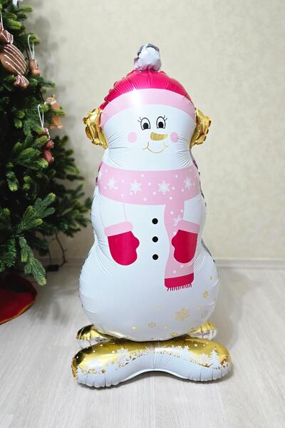 PEKSHOP بالون رجل ثلج بتفاصيل ذهبية وردية اللون، بالون رجل ثلج لطيف مقاس 120 سم