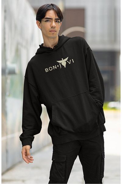 Fuddy Moda Унисекс суитшърт с качулка и щампа на гърба Bonjovi, голям суитшърт с щампа на рок група