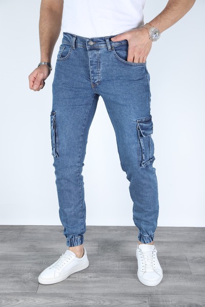 MYRAB DENİM Pantaloni albaștri cu buzunar cargo pentru bărbați - cu picioare elastice