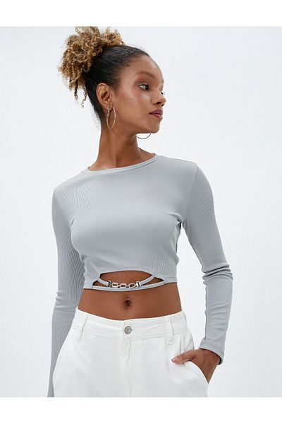 Koton Tricou cu mânecă lungă Crop Crew Deck Accesorii metalice