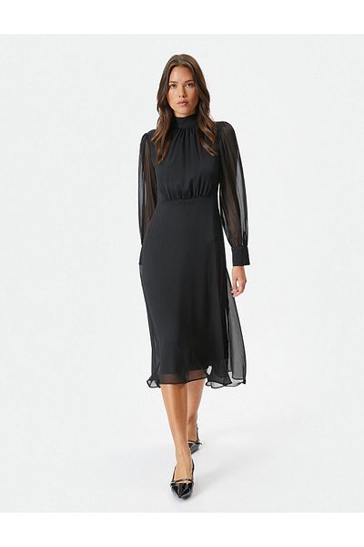 Koton Midi-Tüllkleid mit langen Ballonärmeln, transparentem Schalkragen und detaillierter Drapierung