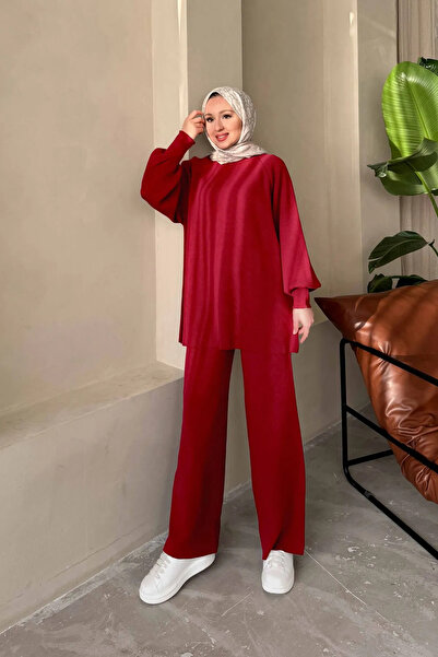 Maystore Balloon Sleeve Steel Knitted Knitwear Tunic Trousers Set - Burgundy