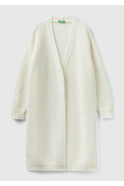 United Colors of Benetton Cardigan lung de damă din lână de alpaca albă