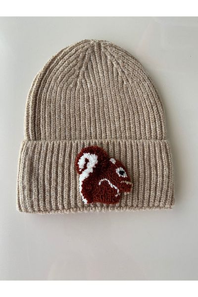 byebruketenci Luxury Beige Wool Kids-Youth Beret - Squirrel Punch Detailed