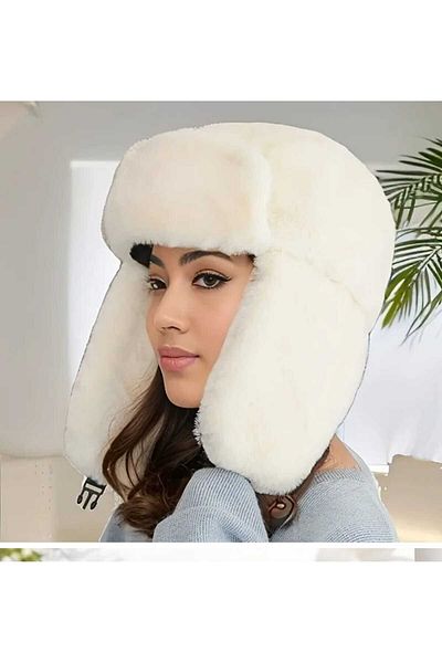 Betülce Pilot Fur Plush Winter Cap - White with Snap Fasteners & Ear Cover