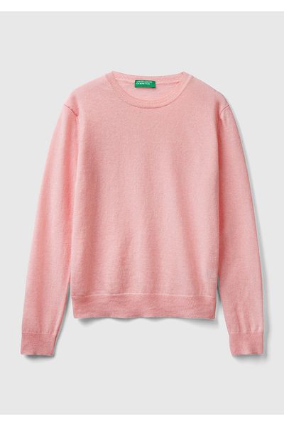 United Colors of Benetton سترة ميرينو نسائية ذات رقبة دائرية باللون الوردي الفاتح