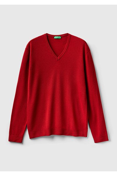 United Colors of Benetton Claret Red V-neck Men's Merino Sweater