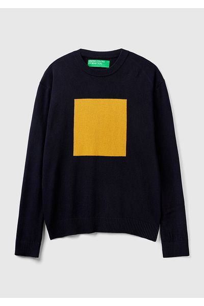 United Colors of Benetton Men's Yellow Wool Blended Large Square Print Sweater