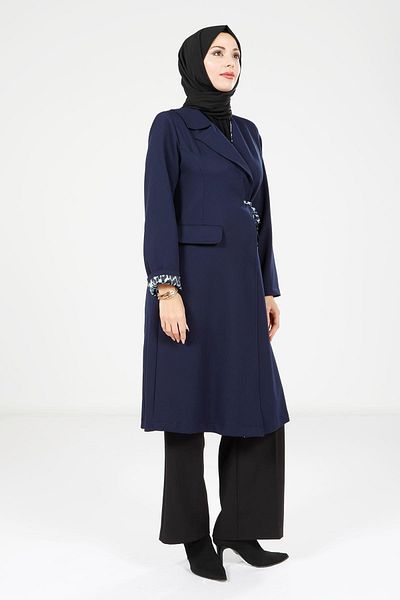 Beyza Μακρύ μπουφάν Hijab με λεπτομέρεια με δέσιμο Navy Blue Color 3933