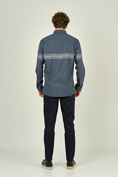 MEGALDİ Megaldi 1200 Індіго Сірий Чоловічий Сорочка - Slim Fit, Блок-принт, Бавовна, Довгий Рукав