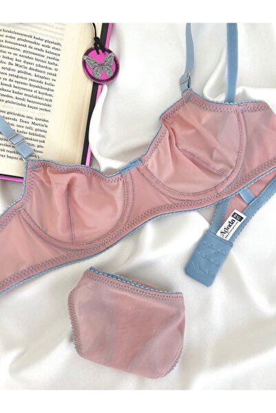 Arinda Coverless Underwire Double Color Tulle Lingerie Set with Jane Sides Detail