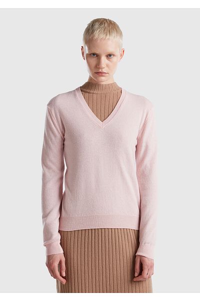 United Colors of Benetton Pulover de damă merinos cu decolteu în V roz pudrat
