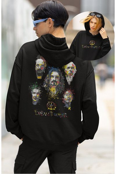 Fuddy Moda Унисекс суитшърт с качулка и щампа на гърба на Dream Theater, голям суитшърт с щампа на рок група