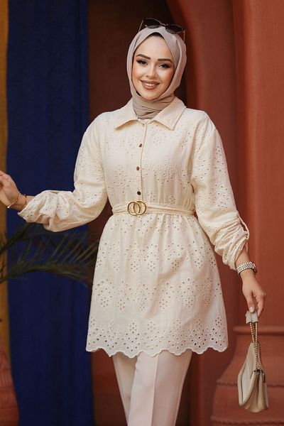 Neva Style Tunica Hijab cu dantela bej - 14252BEJ