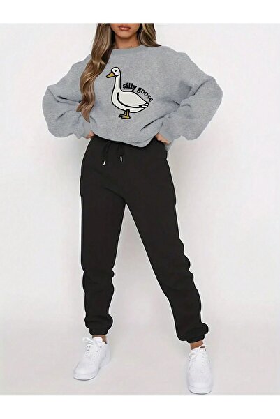 Mythologie Silly Goose Sweatshirt Sweatpants Jogger - Gray Black Printed Bottom Top Tracksuit Set Crew Neck