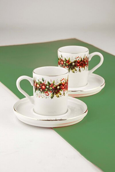 Bursa Porselen Dekor Holly jolly altın yaldızlı 2 kişilik kahve fincan takımı