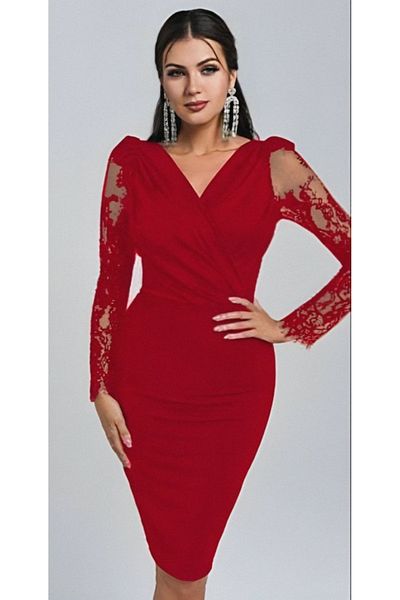 Store Women's Long Sleeve Double Breasted Collar Sleeves Tulle Detail Crepe Mini Red Dress