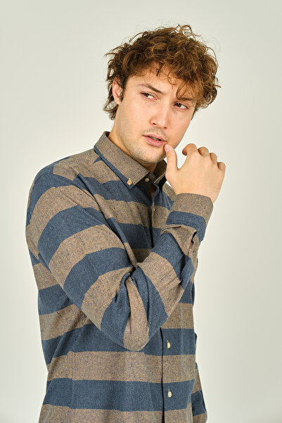 MEGALDİ Men's Slim Fit Block Print Cotton Long Sleeve Shirt - 1300 Indigo Brown