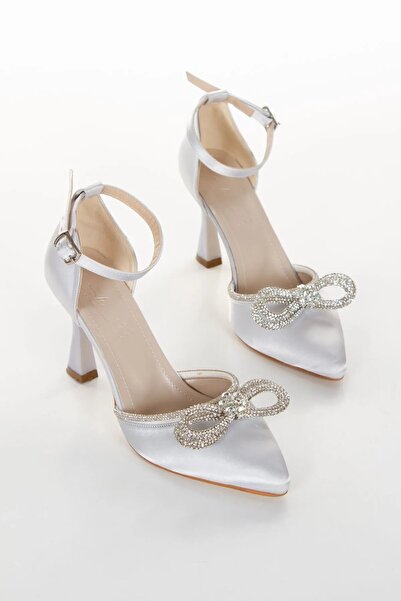 Moda Line Saten Taş Fiyonklu Kadın Topuklu Ayakkabı ve Abiye Çanta Seti