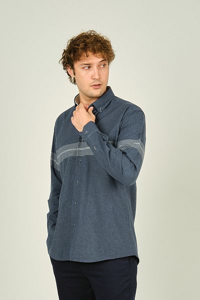 MEGALDİ Ανδρικό πουκάμισο Megaldi 1200 Indigo Grey - Slim Fit, Μπλοκ, Βαμβακερό, Μακρύ μανίκι