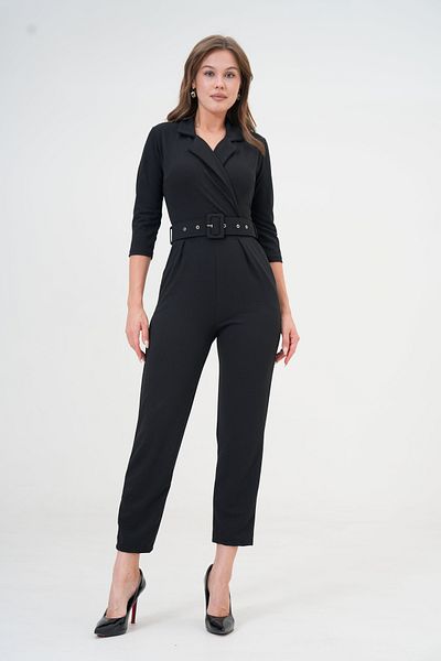 lovebox Belt Detailed Double Breasted Collar One Piece Long Sleeve Black Jumpsuit 32044