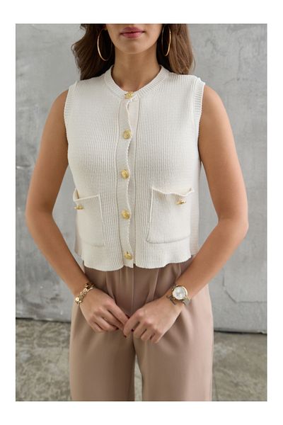 Elif Özbey Butik Vestă groasă cu buzunar cu nasturi aurii ecru