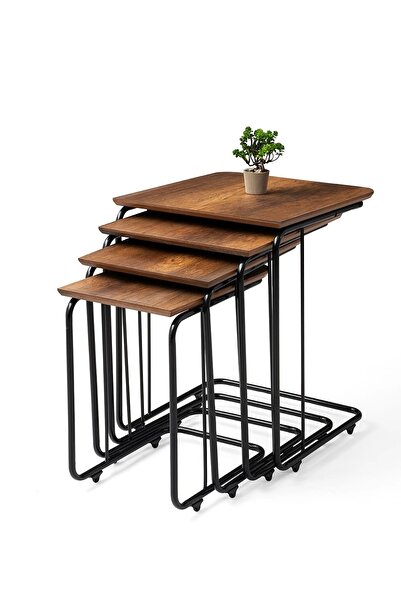 Evistro Ahşap Tekerlekli 4 lü Zigon Sehpa Siyah Metal Ayaklı Barok Ceviz