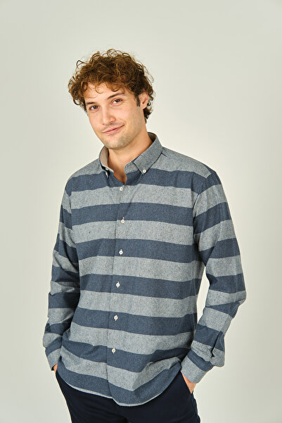 MEGALDİ Megaldi Чоловіча сорочка з довгими рукавами, бавовняна, з блоковим візерунком, 1300, індиго-сіра