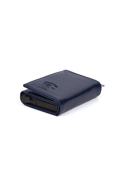 Newish Unisex Navy Blue Vegan Leather Aluminum Mechanism Slide Card Holder Wallet with Paper Coin Compartment