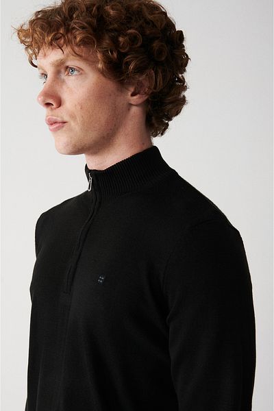Avva Schwarzer Herren-Strickpullover mit Reißverschluss und Stehkragen E 005005